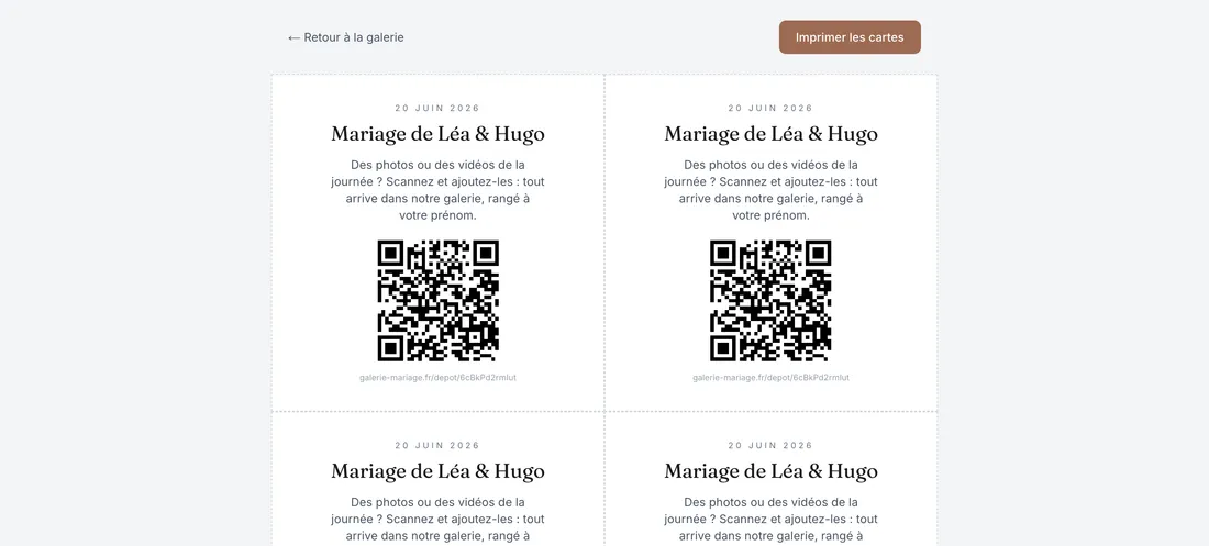 Planche de cartes QR à imprimer pour les tables du mariage
