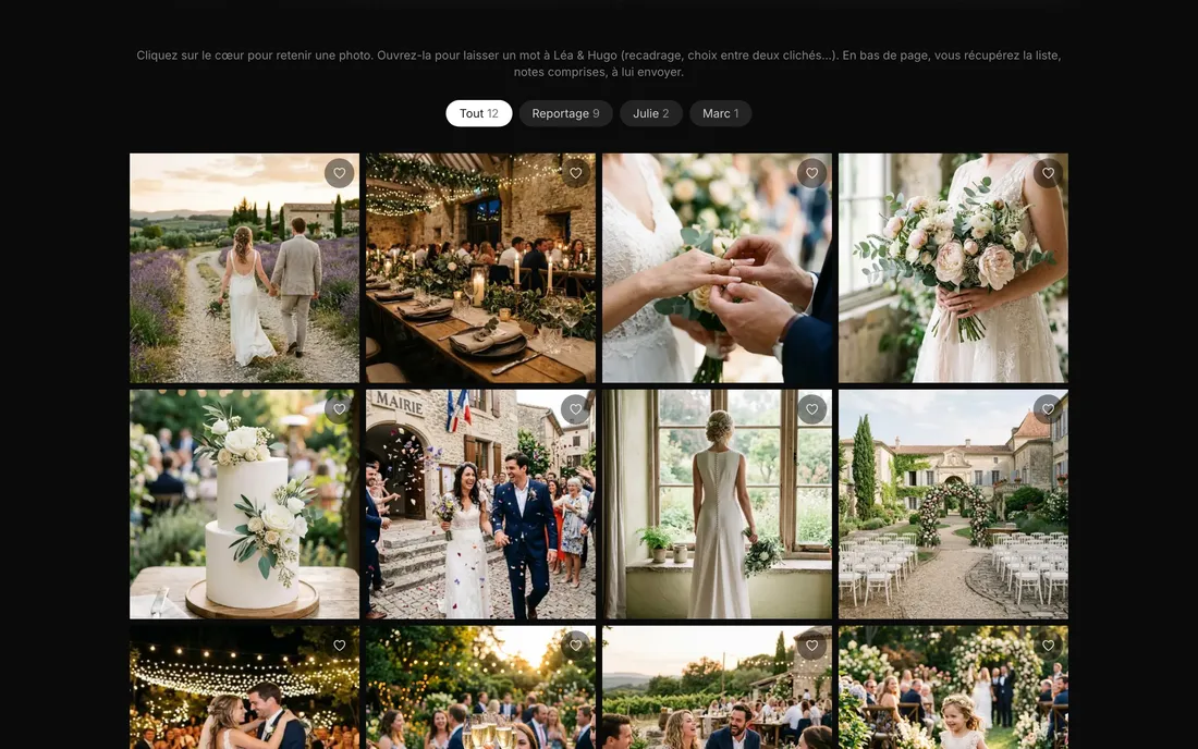Galerie d'un mariage avec les onglets Reportage, Julie et Marc
